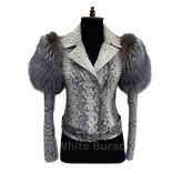 Snakeskin-patterned jacket with fur shoulders on a mannequin