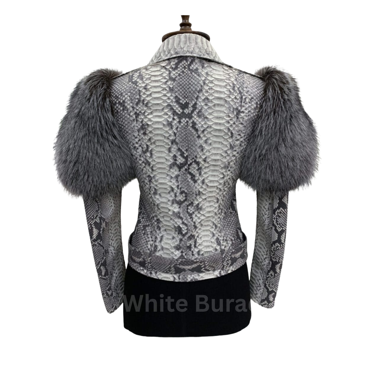 Mannequin wearing a snake print jacket with fur sleeves