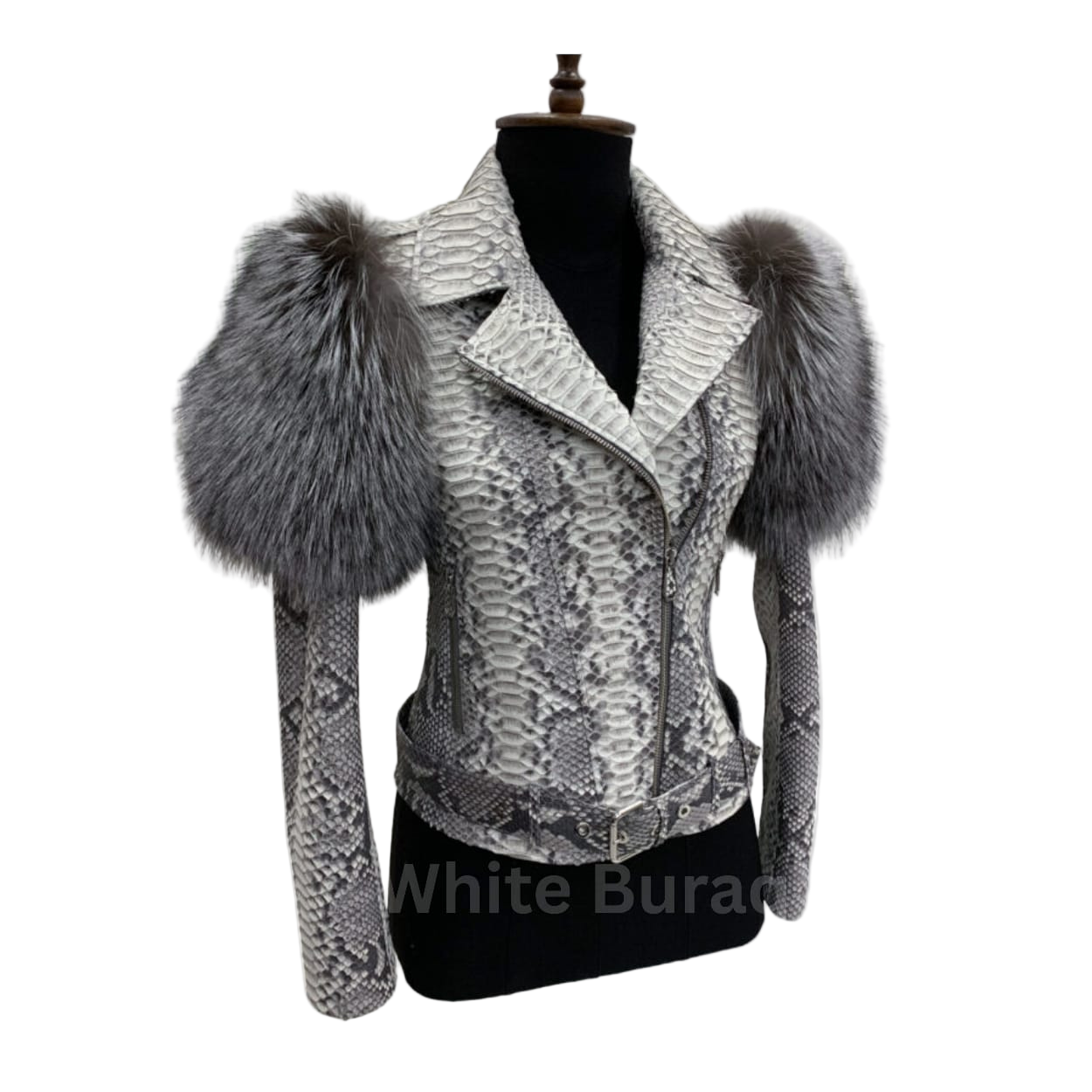 White lace jacket with fur shoulders on a mannequin