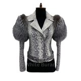 Snakeskin-patterned jacket with fur shoulders on a mannequin