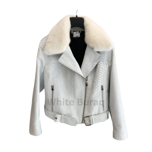 White leather jacket with fur collar