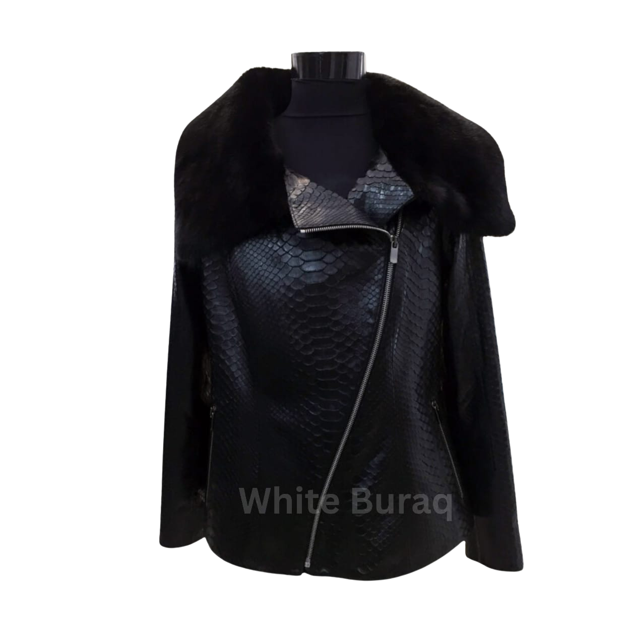Black leather jacket with snake skin pattern