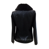 Black textured jacket with fur collar