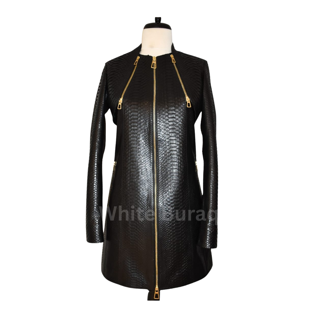 Black leather jacket with gold zipper on a mannequin