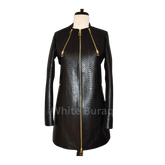 Black leather jacket with gold zipper on a mannequin