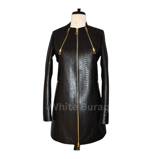 Black leather jacket with gold zipper on a mannequin