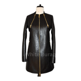 Black leather jacket with gold zipper on a mannequin