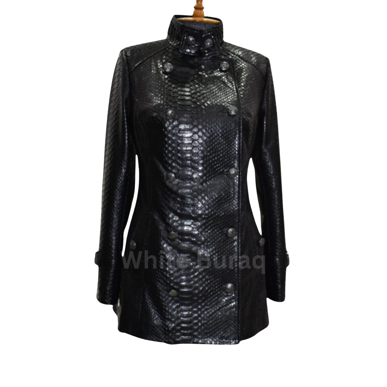 Black leather jacket with snake skin pattern on a mannequin