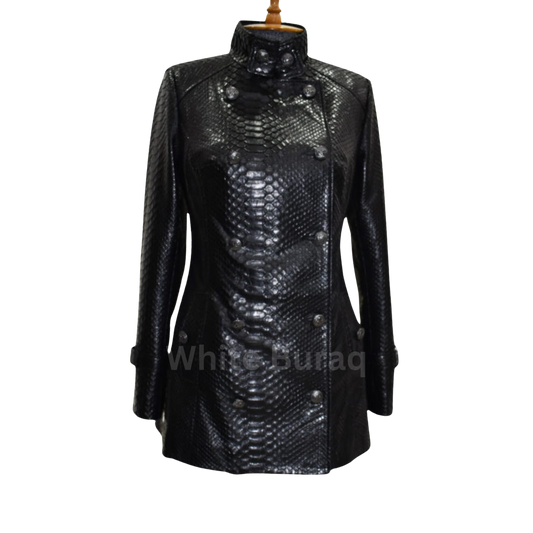 Black leather jacket with snake skin pattern on a mannequin