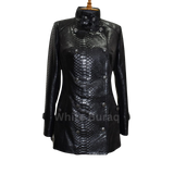 Black leather jacket with snake skin pattern on a mannequin