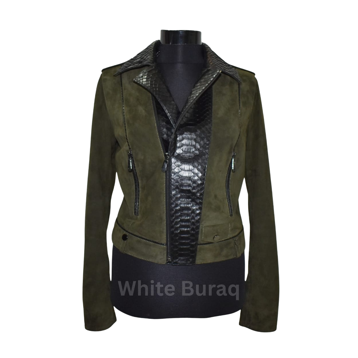 Green jacket with snake skin pattern