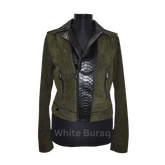 Green jacket with snake skin pattern