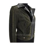 Green leather jacket with snake skin collar