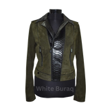 Green jacket with snake skin pattern