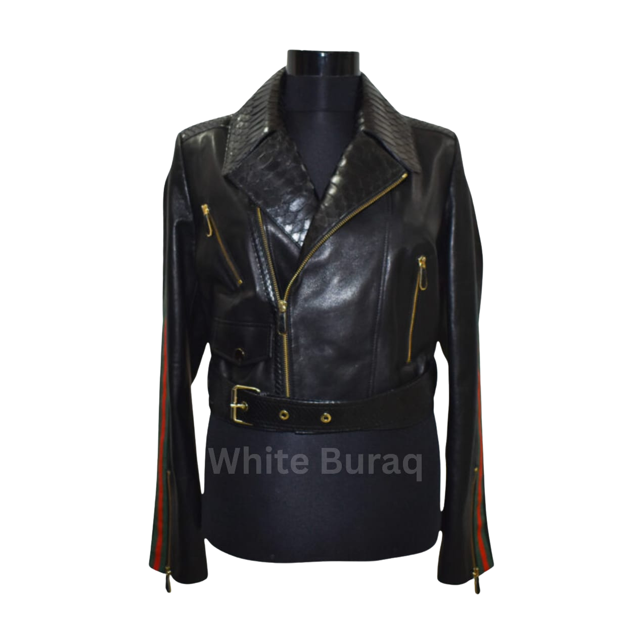 Black leather jacket with gold zippers