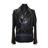 Black leather jacket with gold zippers