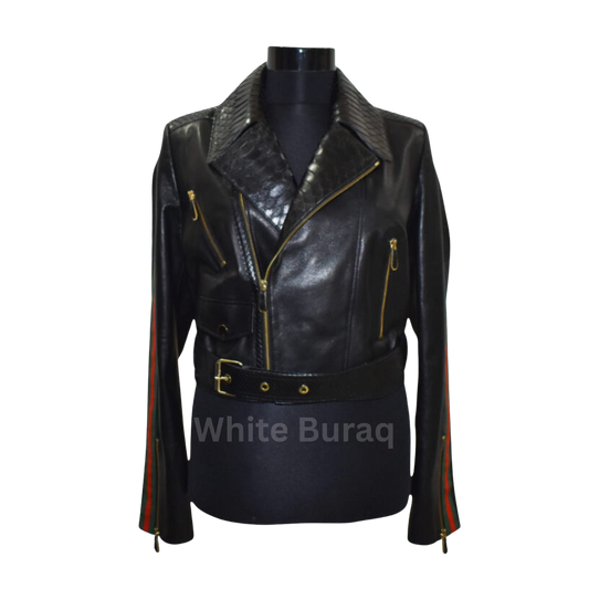 Black leather jacket with gold zippers