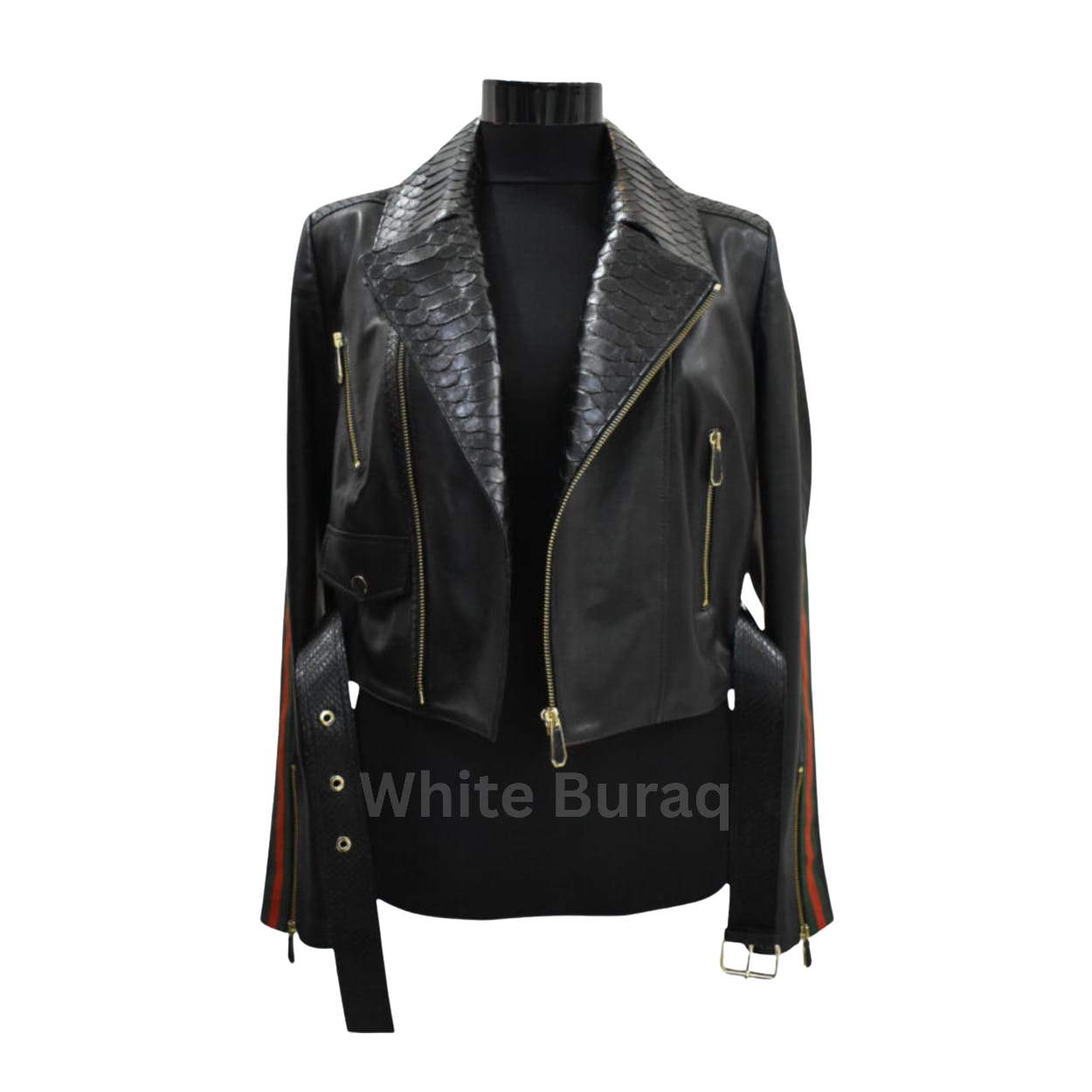 Black leather jacket with snake skin accents