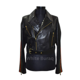 Black leather jacket with gold zippers