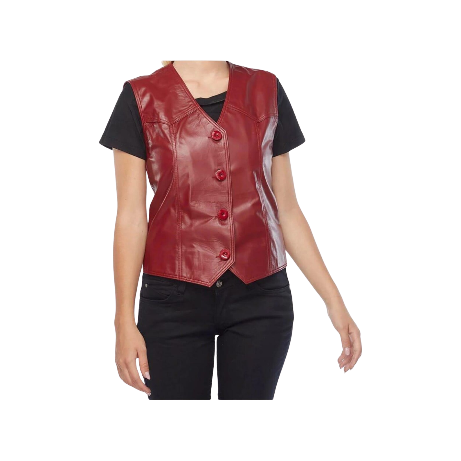 Red leather vest worn over a black shirt