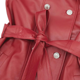 Close-up of a red leather jacket with a tie waist