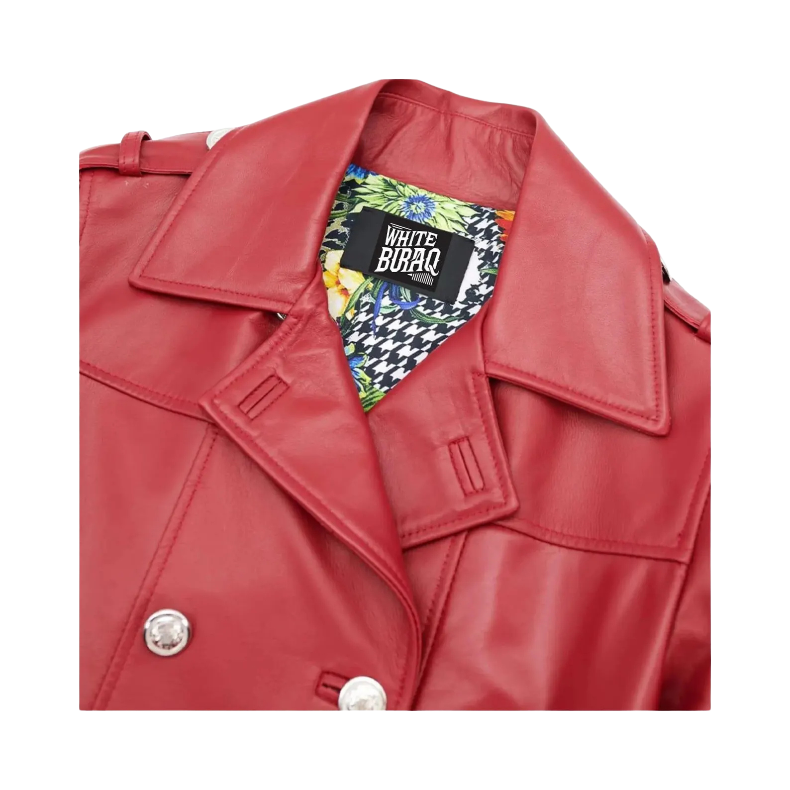 Red leather jacket with a brand label