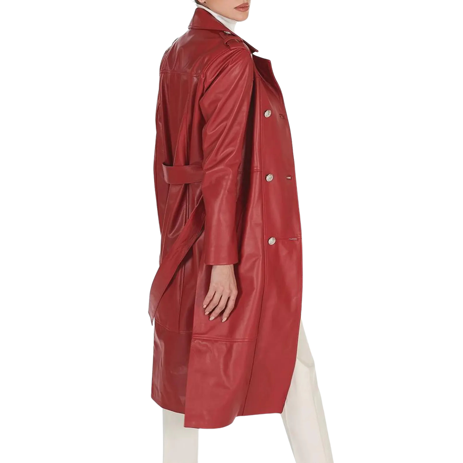 Red leather trench coat