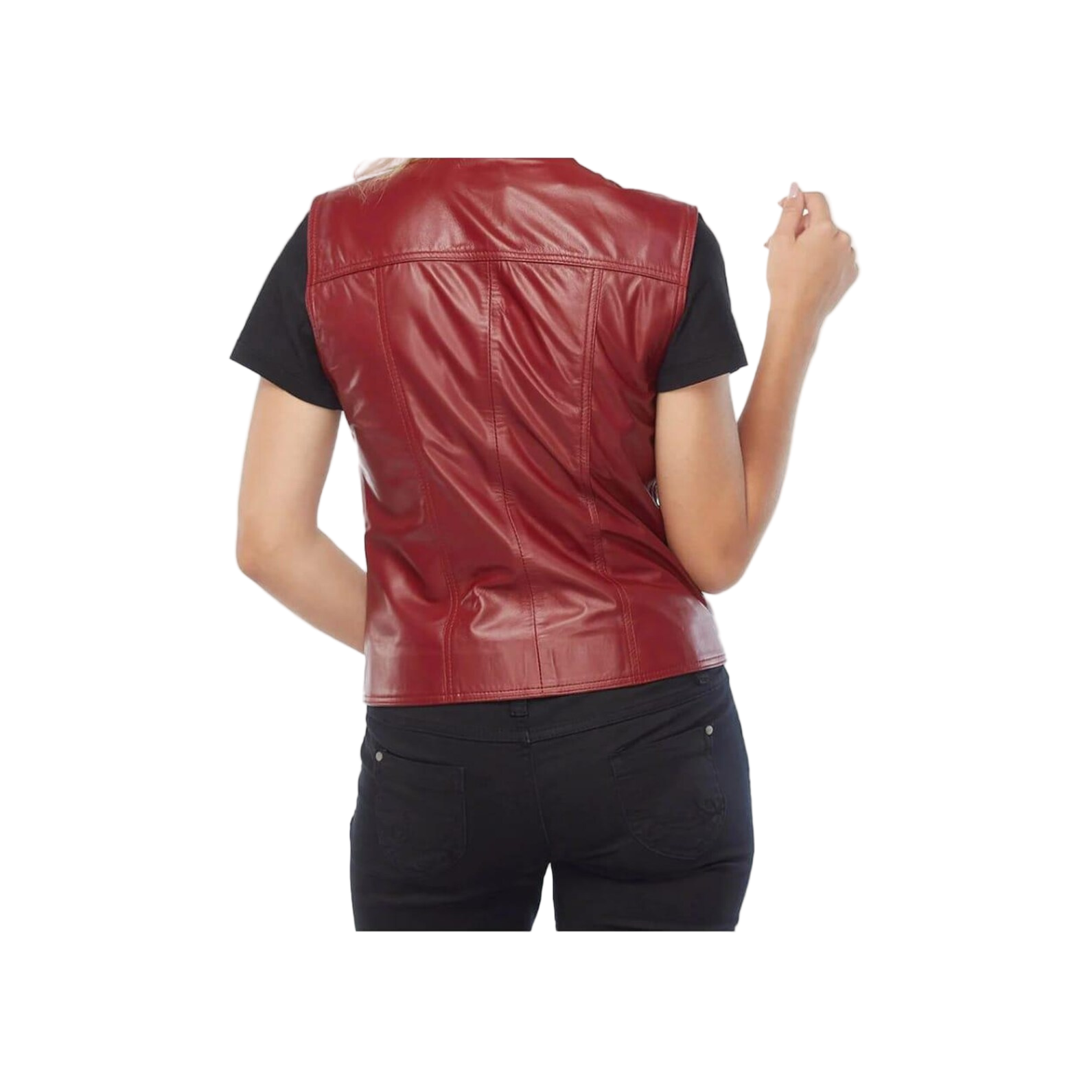Red leather vest worn by a person