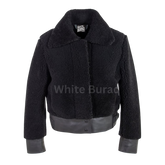 Black jacket with leather cuffs and collar