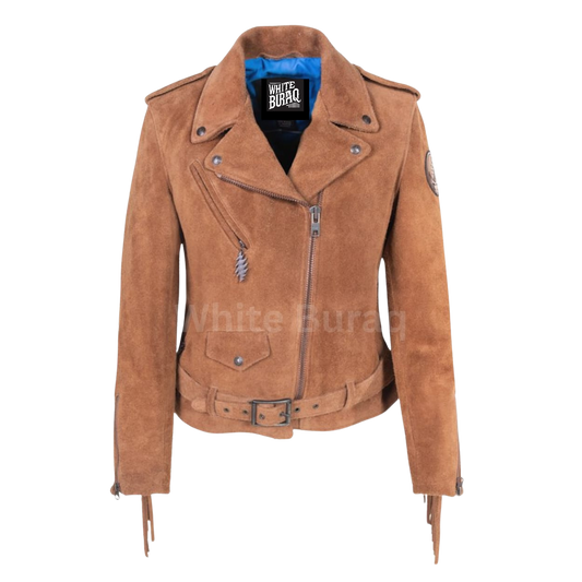 Brown suede jacket with visible branding