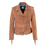 Brown suede jacket with visible branding