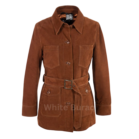 Brown suede jacket with a belt