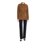 Brown jacket with a belt and black pants