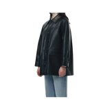 Black leather coat worn by a person