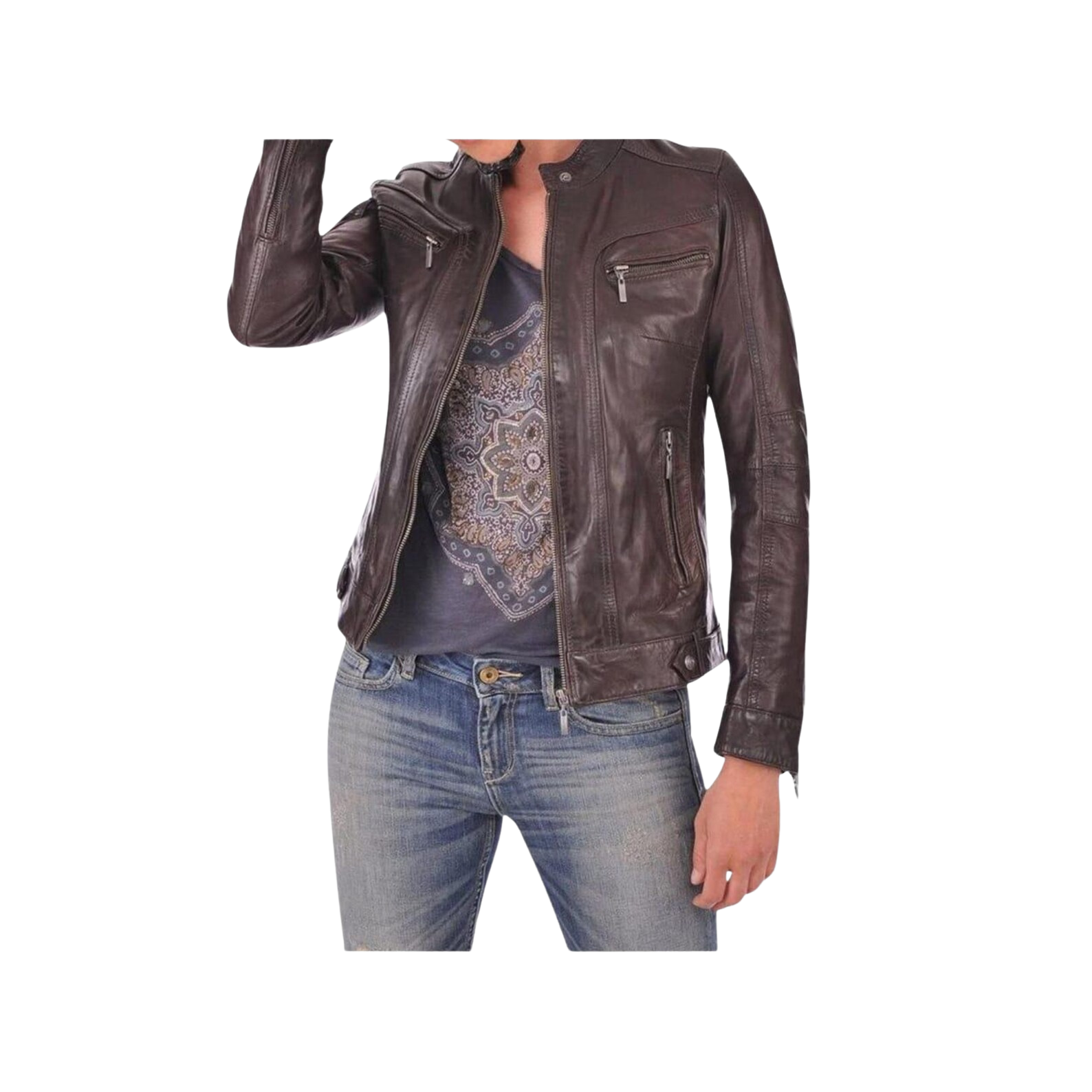 Brown leather jacket worn by a person