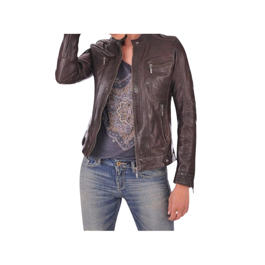 Brown leather jacket worn by a person