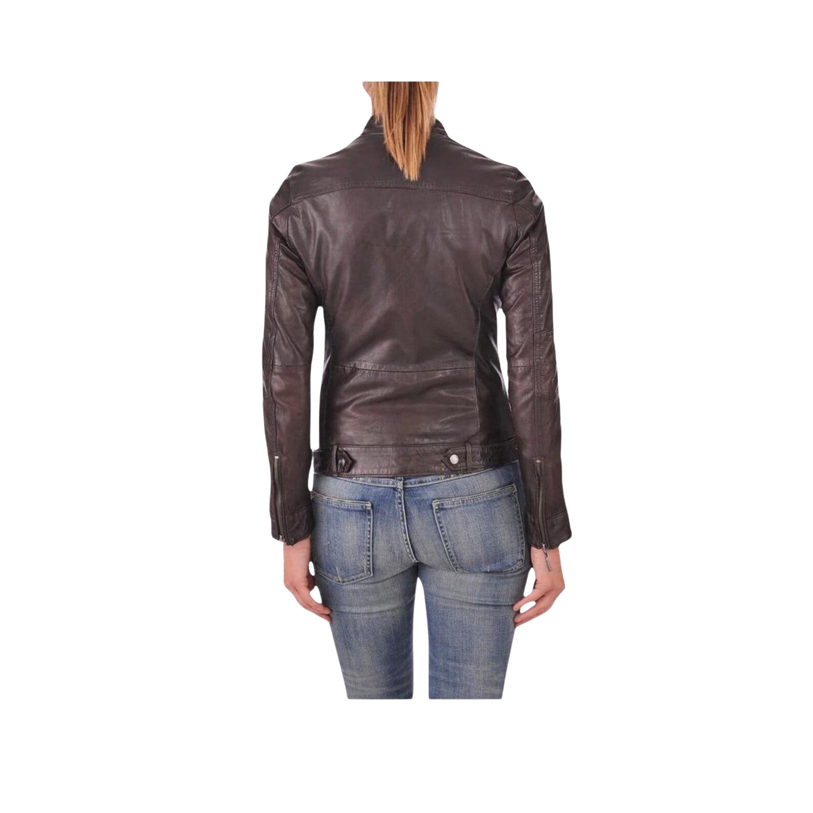 Person wearing a brown leather jacket and blue jeans