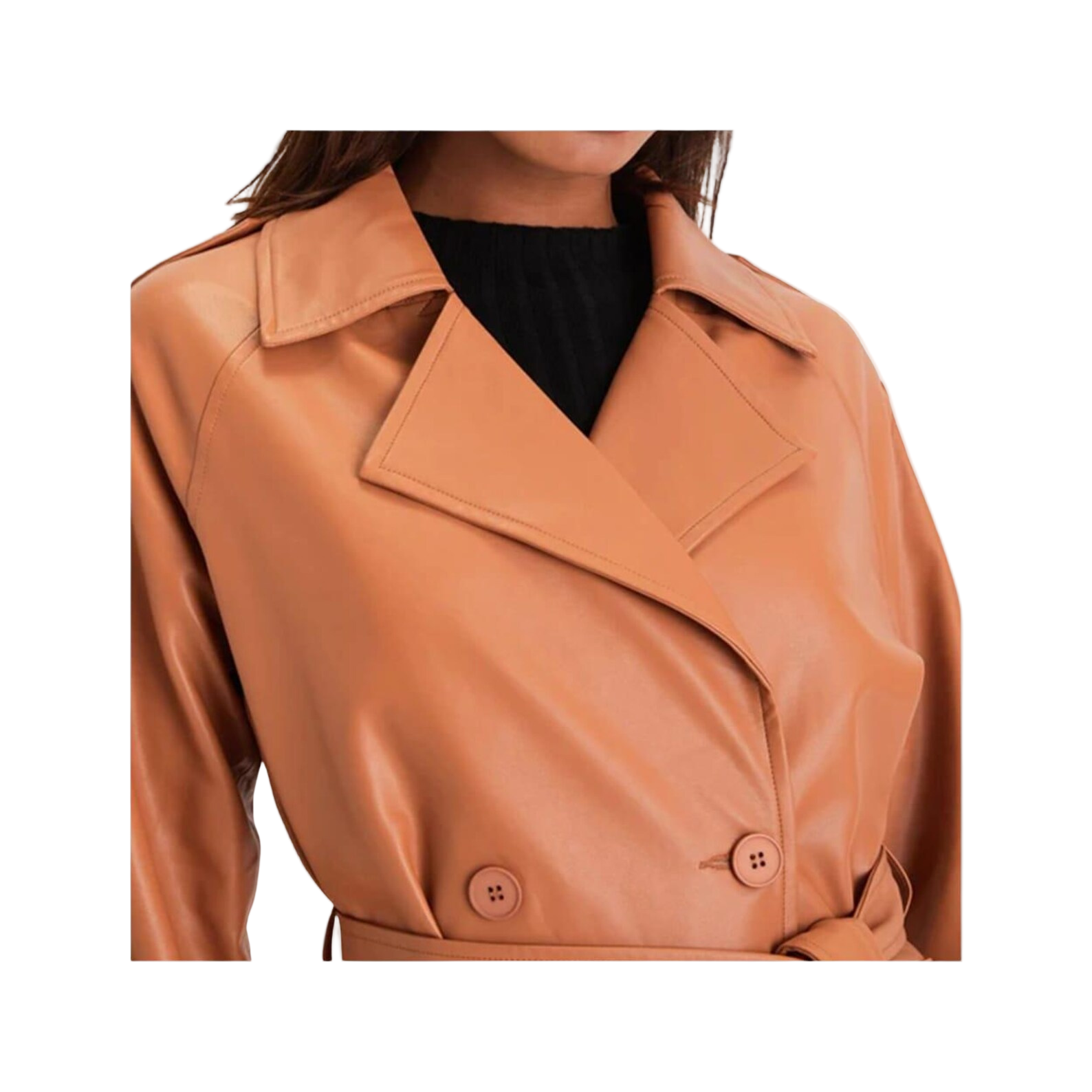 brown leather coat worn by a person