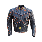 Black leather jacket with orange accents