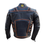 Black leather jacket with orange accents