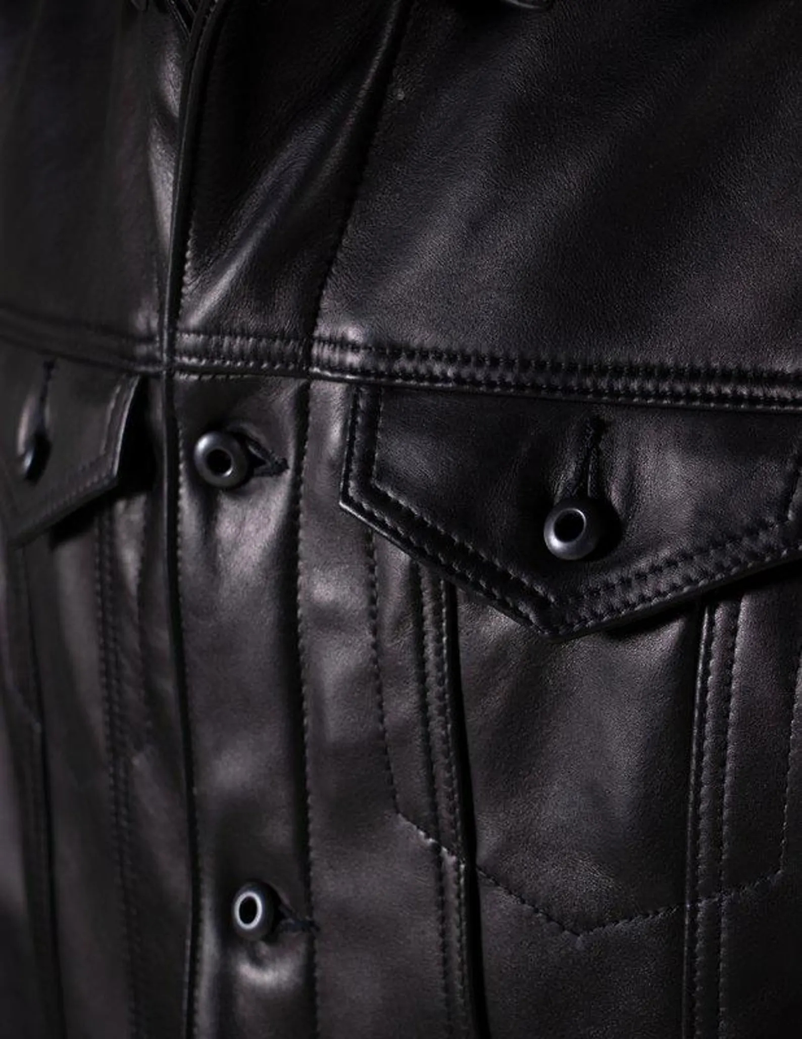 Close-up of a black leather jacket with buttons