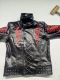 Front view showing twin red embroidered dragons on the chest and embroidered sleeves