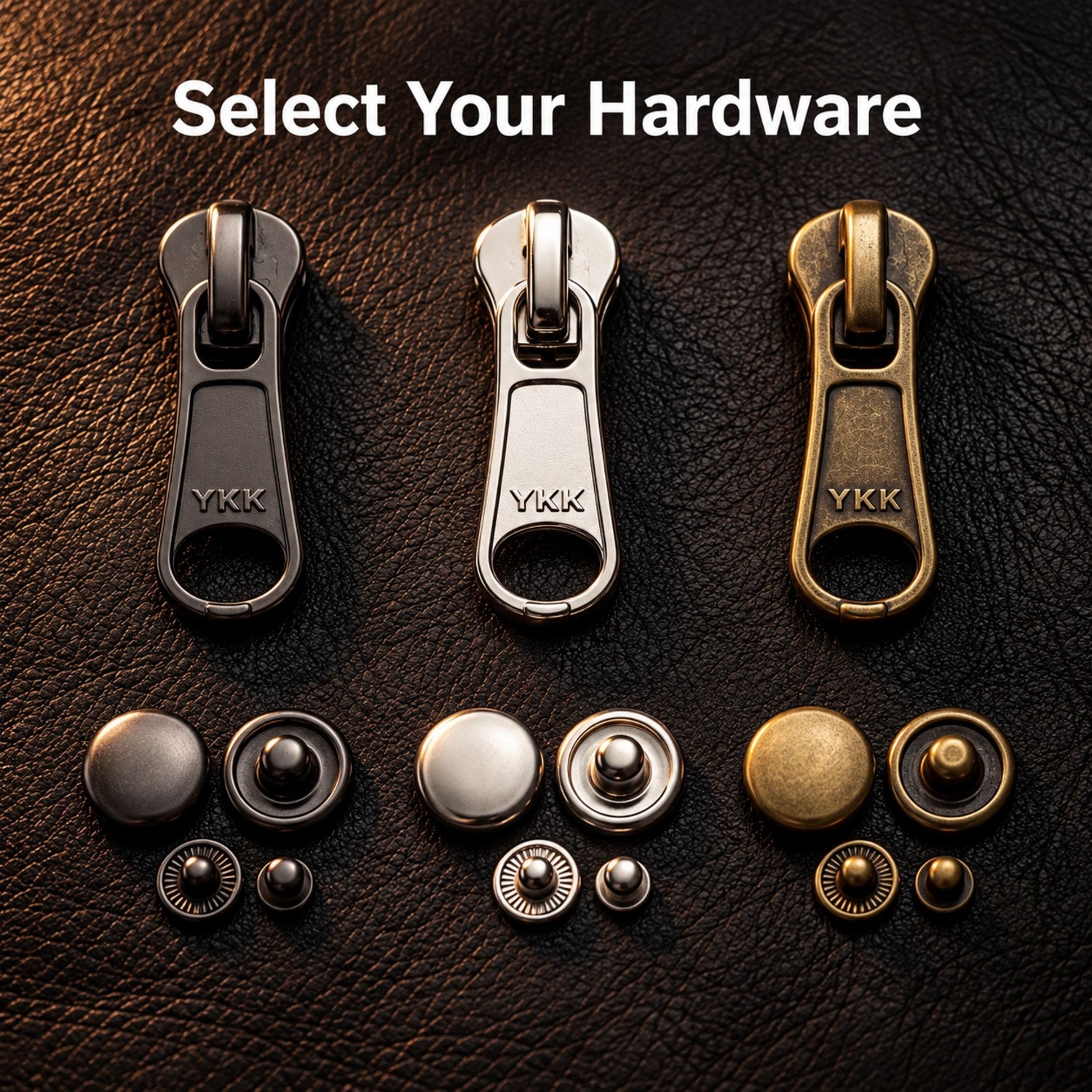 Select your hardware – gunmetal, silver, antique brass zippers