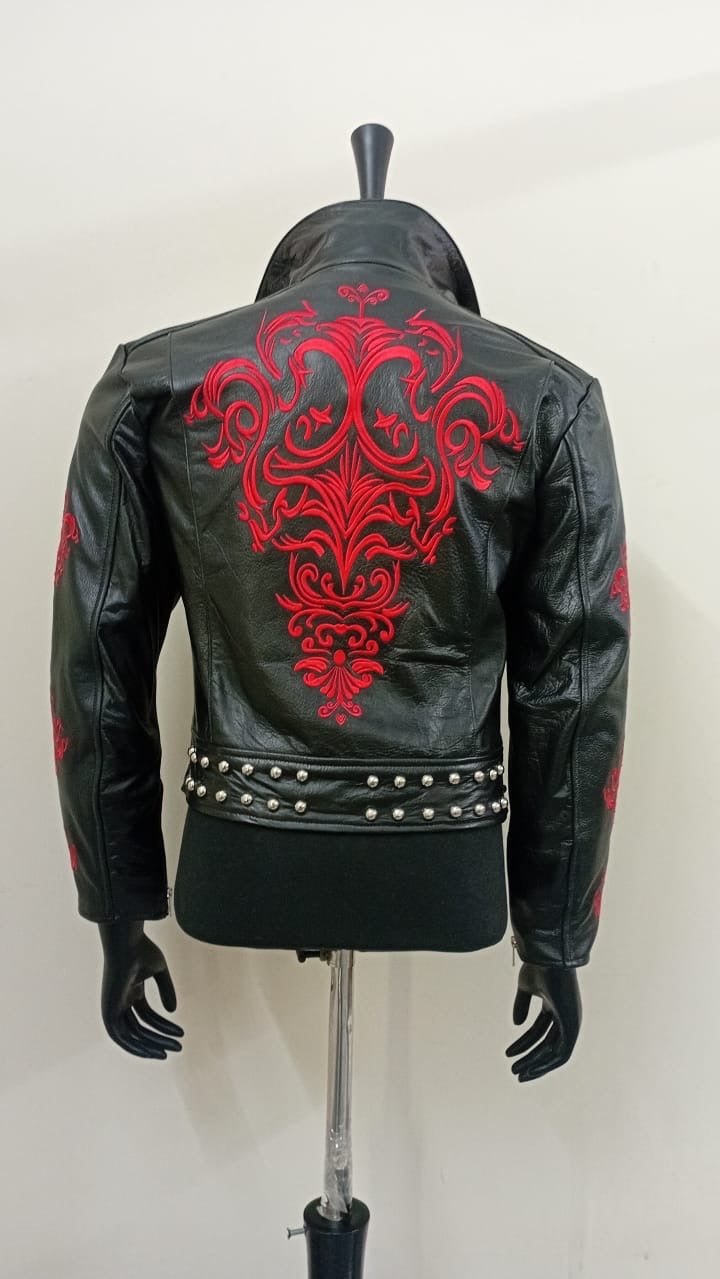 Gothic dragon black leather jacket with red embroidery, back view on mannequin