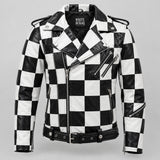 Men's black and white checkered leather motorcycle jacket, front view