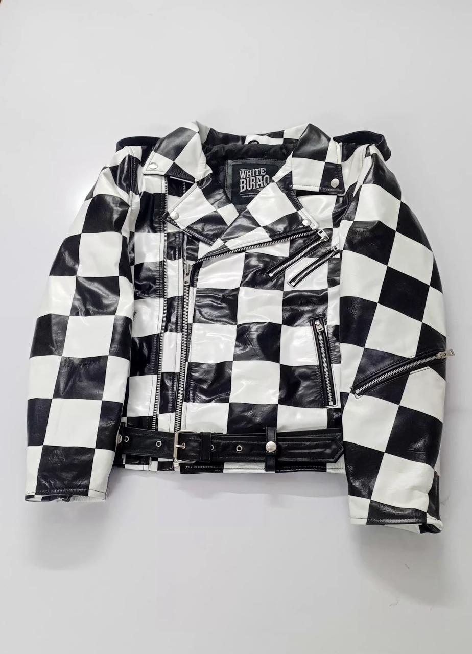 Checkerboard leather biker jacket with belt and asymmetric zip