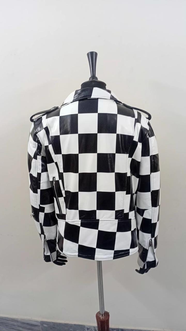 Checkered leather motorcycle jacket, back on mannequin