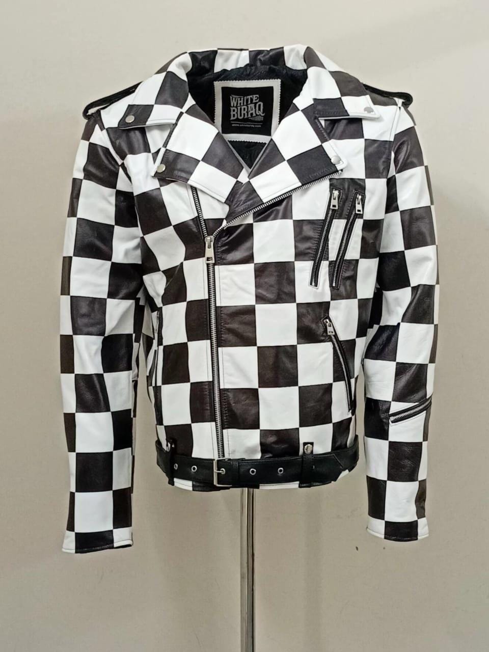 Checkered leather jacket lapel and chest pocket detail