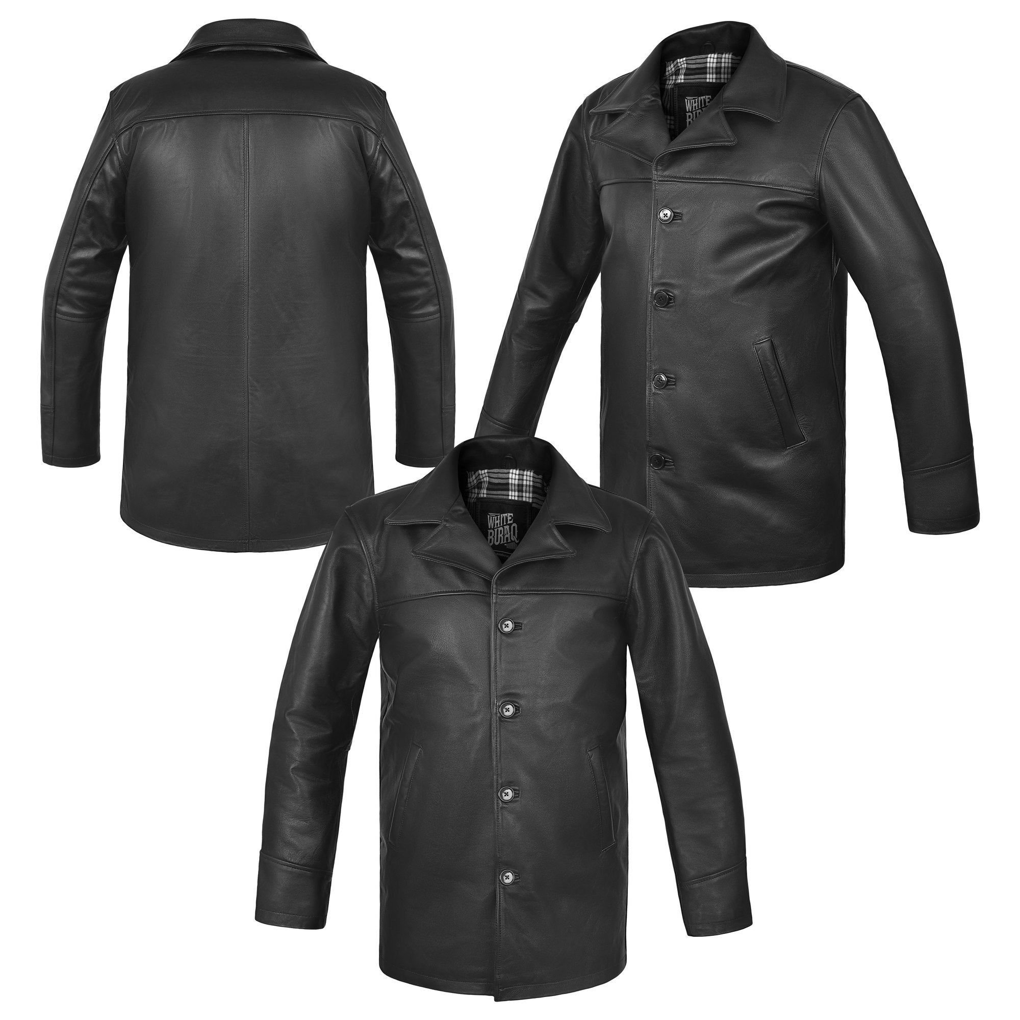 Men's Black Cowhide Car Coat with Plaid Lining – front, back and side views