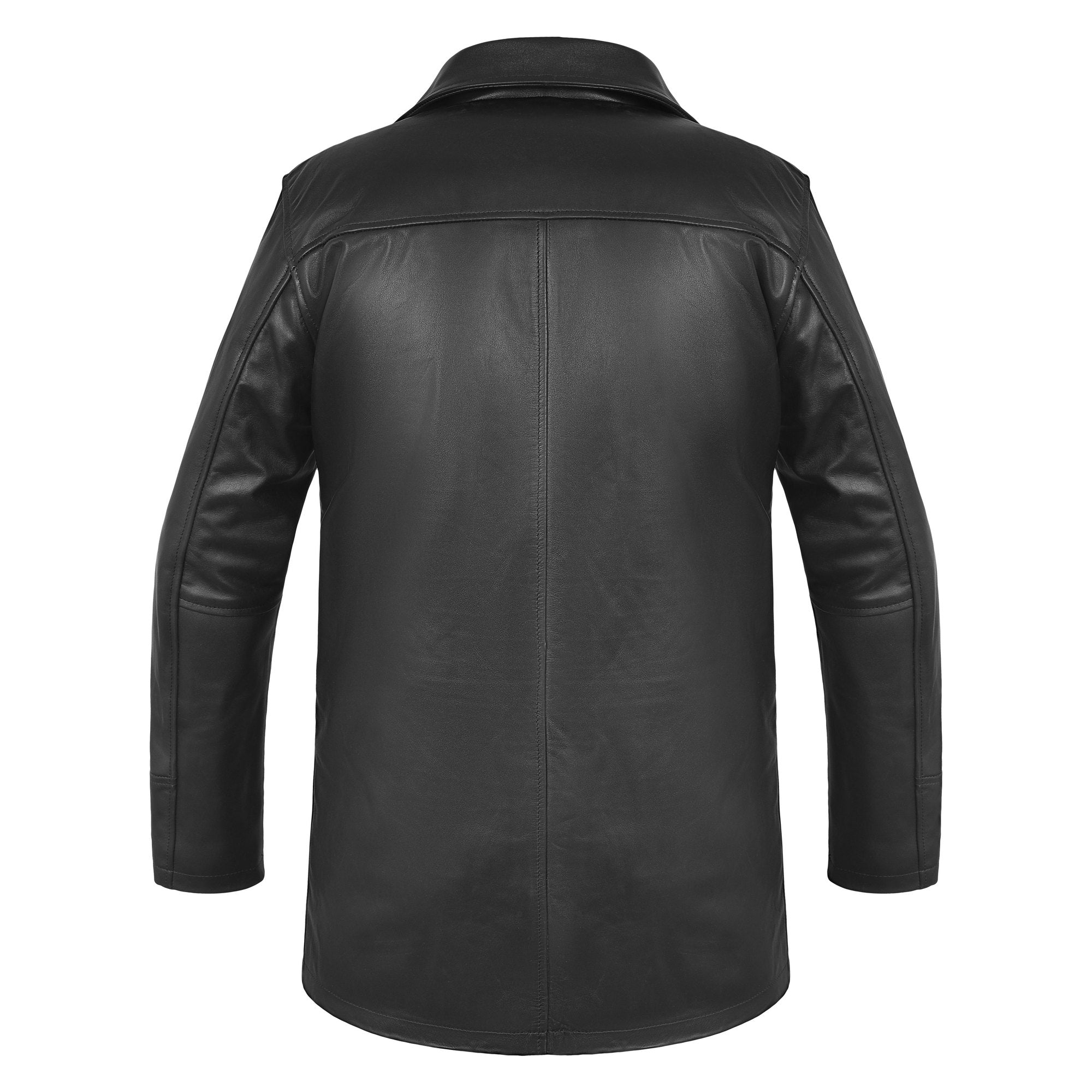 Men's Black Cowhide Car Coat with Plaid Lining – back view